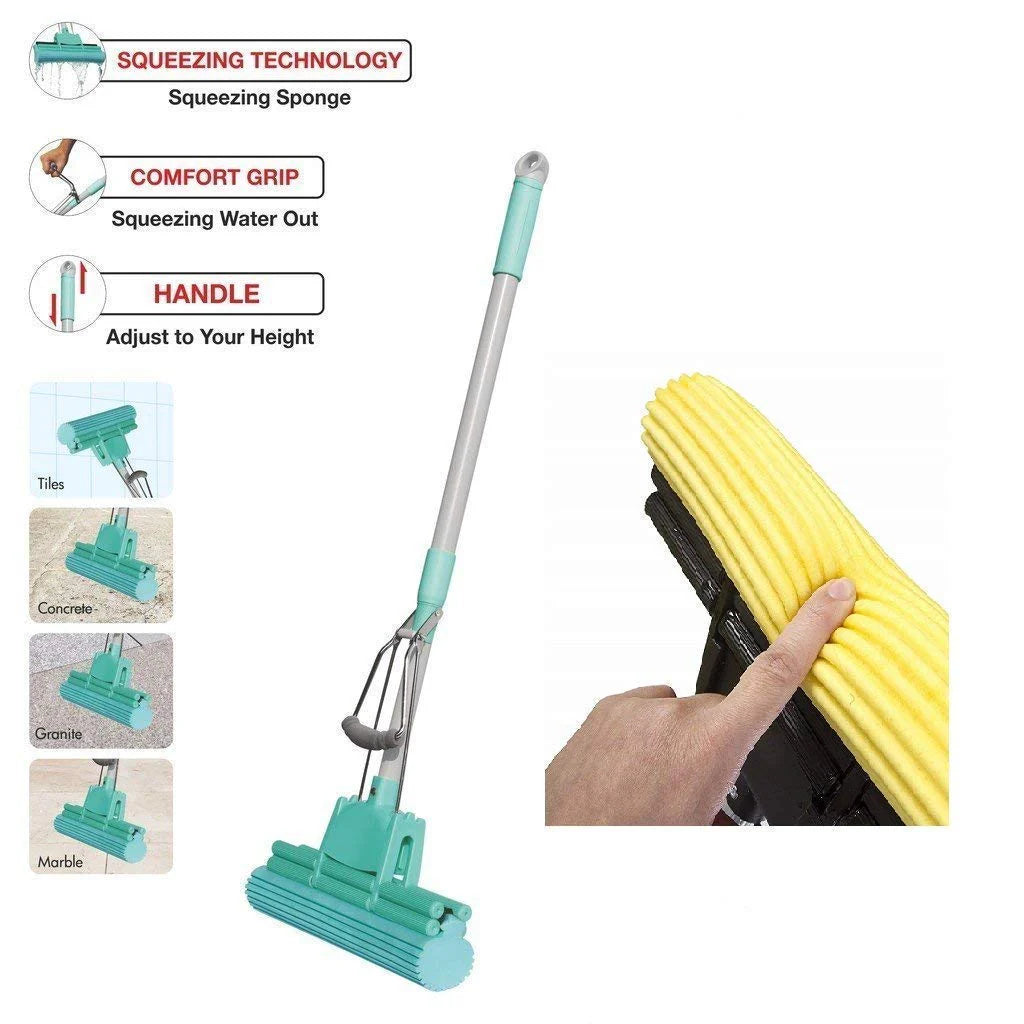 Magic PVA Sponge Mop - Adjustable Squeeze Water Floor Cleaning Mop with Telescopic Handle