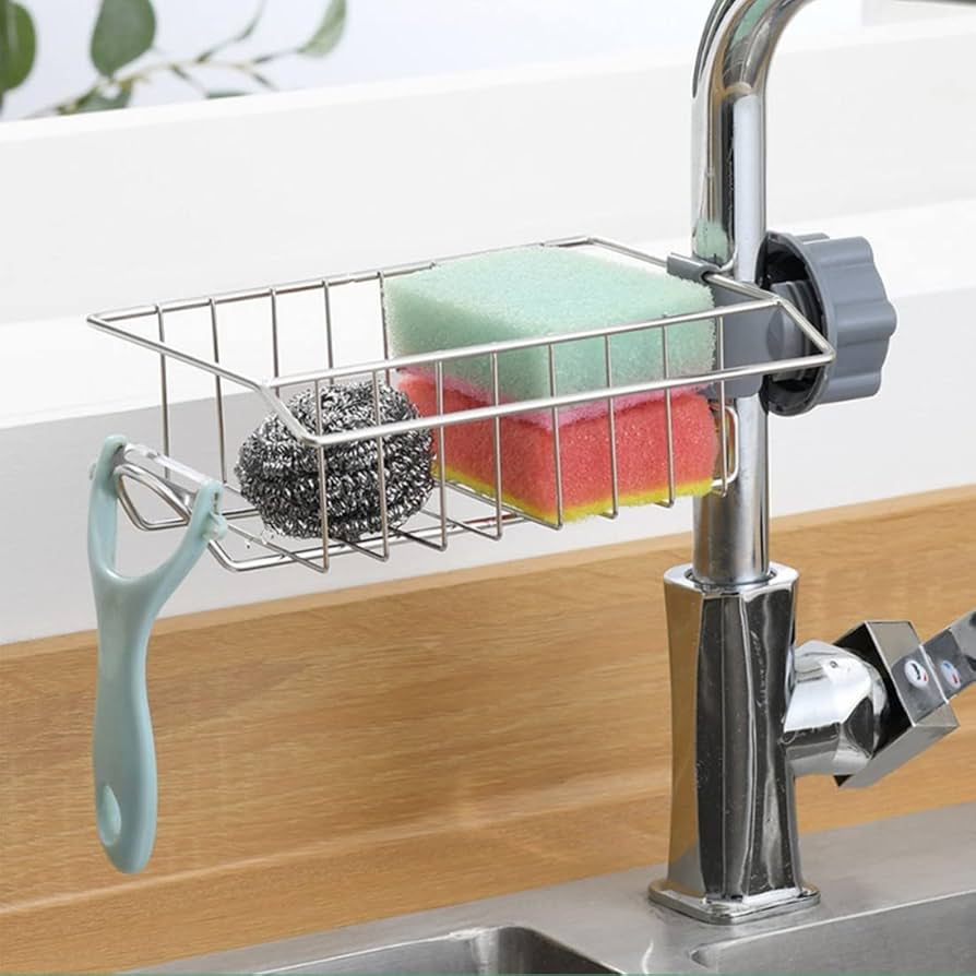 Stainless Steel Faucet Storage Rack, Sponge Holder, Adhesive Sink Caddy Organizer