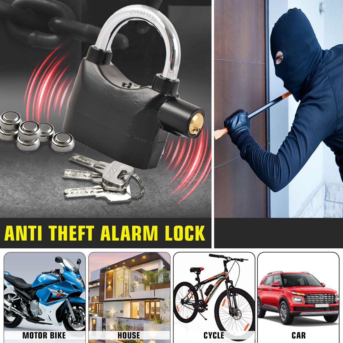 Alarm Lock Padlock Anti-Theft Security System Door Safety Lock (Black)