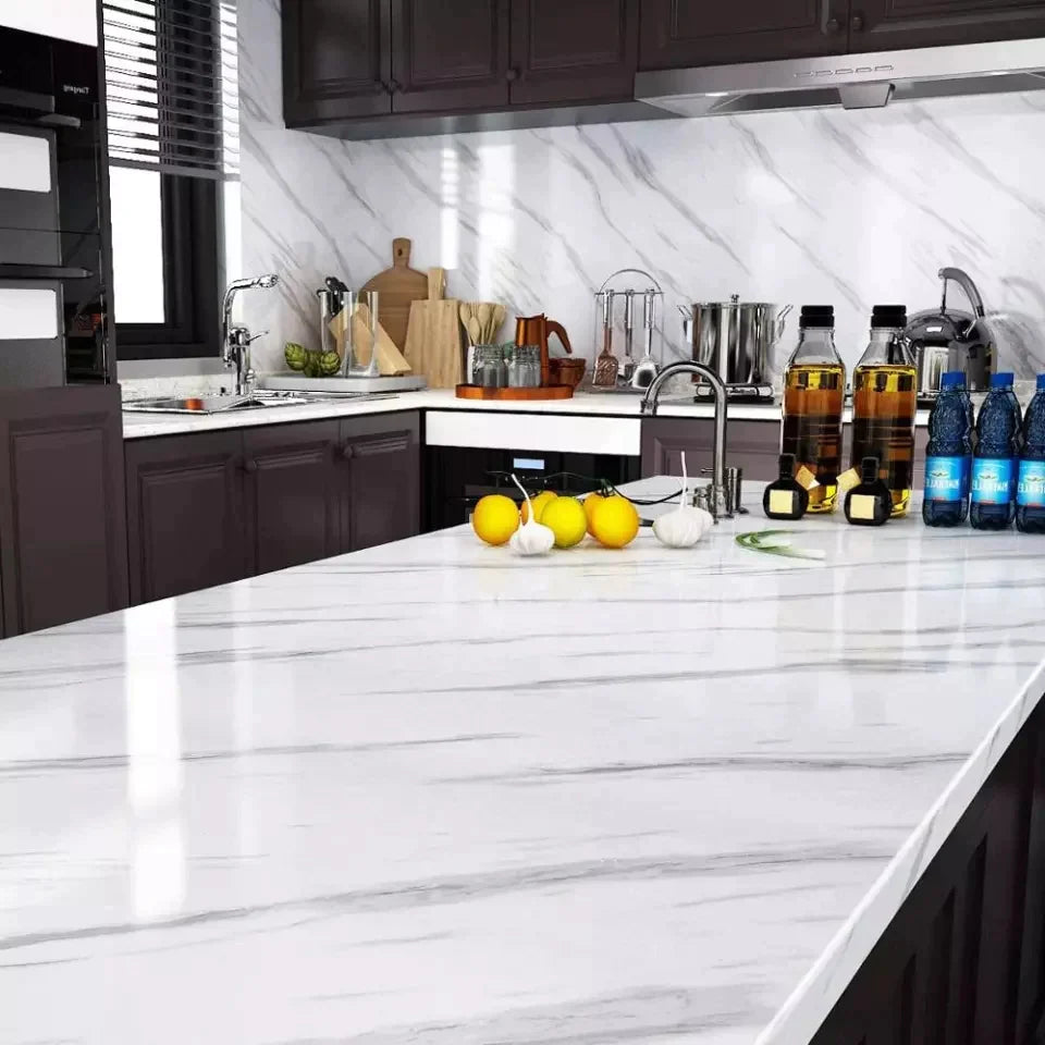 (Pack of 5) Self Adhesive White Marble Sheet for Kitchen / Waterproof Anti Oil & Heat Resistant Wallpaper Sheet (2 Feet x 6.5 feet)