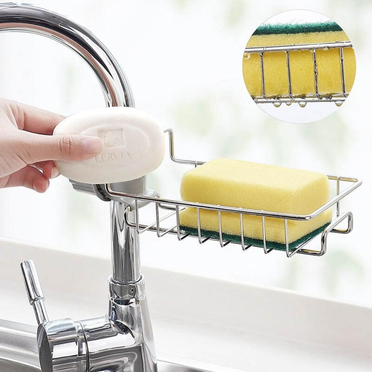 Stainless Steel Faucet Storage Rack, Sponge Holder, Adhesive Sink Caddy Organizer